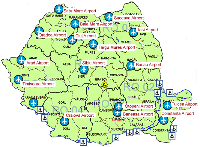 Mapa de los aeropuertos de Rumanía